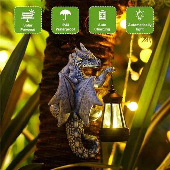Dragon Tree Hugger with Solar Lantern 9.3 Inch Resin Dragon Statue for Garden - Picture 5 of 7